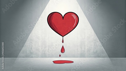 Hand-drawn red heart dripping blood illuminated by a spotlight on textured grey background, symbolizing sacrifice, love, and healthcare awareness. Concept of lifesaving and emotional strength
