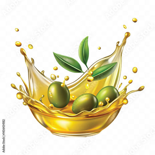 realistic smooth liquid extra virgin olive oil splash isolated on white background.