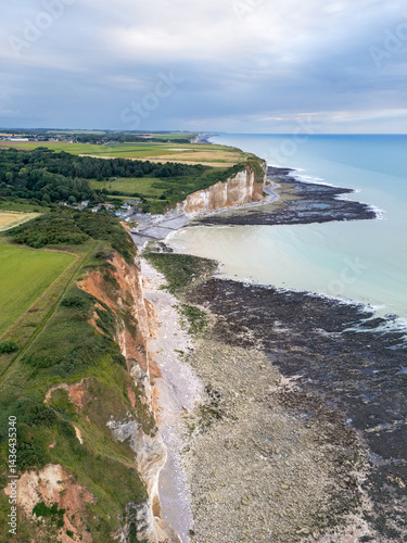 White cliffs of normandy at small village les petites dalles, aerial shot
