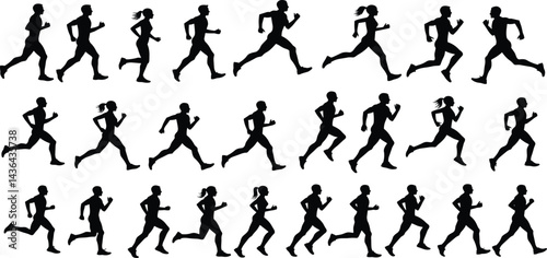 Dynamic runner silhouette set, runner vector in various poses for fitness and sport designs.