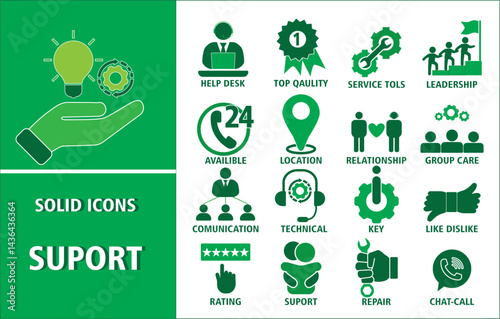 Customer Service and Support. SOLID ICONS set contains Icons such as Online Help, Helpdesk, Quick Response, Feedback and more. Simple web icon set.