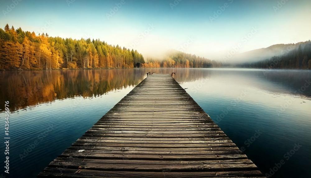 Fototapeta premium Muelle de madera solitario que se extiende hacia el lago brumoso durante el otoño, fotografía hiperrealista,