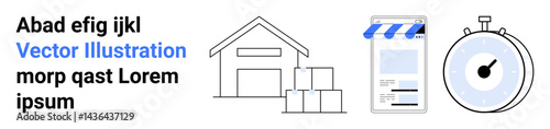 Warehouse with boxes, mobile storefront, and stopwatch emphasizing e-commerce, logistics, delivery, inventory, time management, supply chain and efficient workflows. Ideal for simple landing page