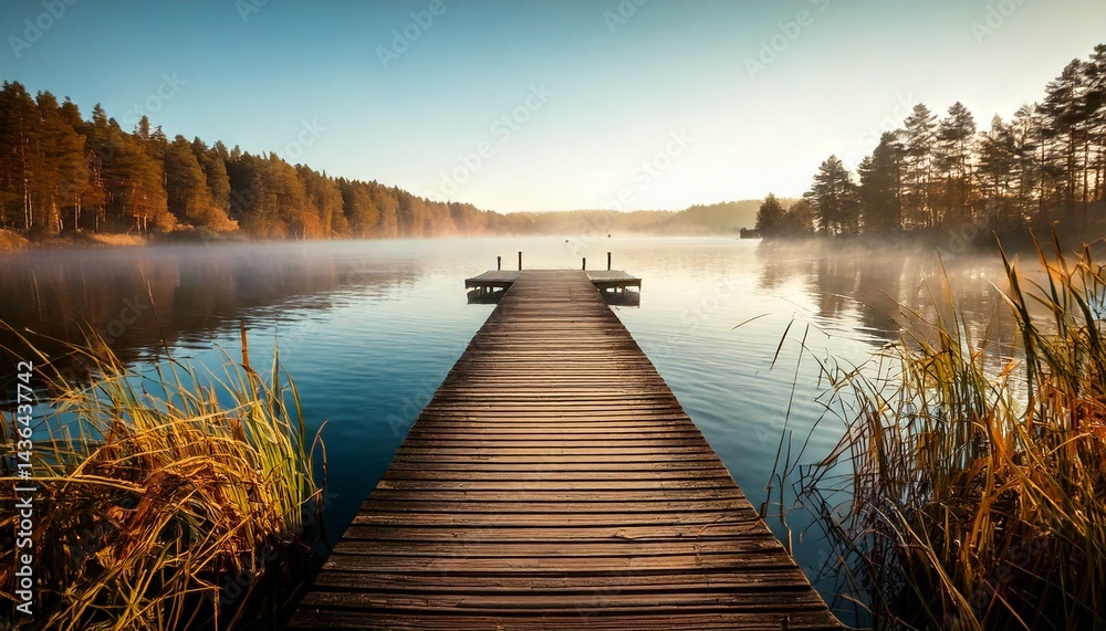 Naklejka premium Muelle de madera solitario que se extiende hacia el lago brumoso durante el otoño, fotografía hiperrealista,