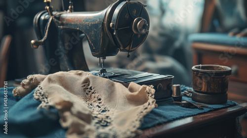 Vintage Sewing Machine on Table with Cloth and Accessories