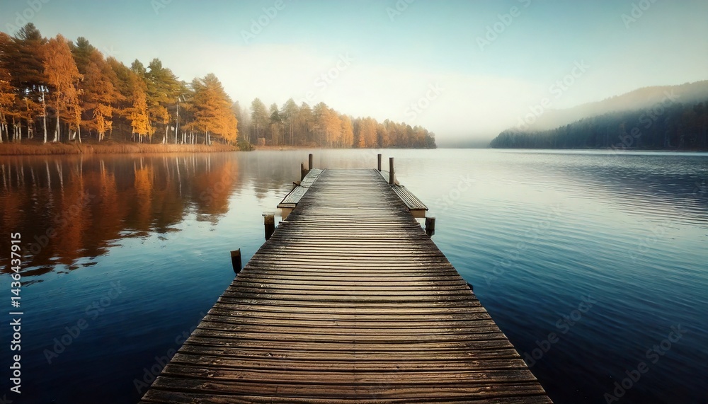 Fototapeta premium Muelle de madera solitario que se extiende hacia el lago brumoso durante el otoño, fotografía hiperrealista,