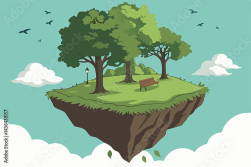 28 Floating island, lush green trees, park benches, flying leaves, surreal landscape, grassy field below, blue sky, white clouds, miniature world, eco-friendly concept, environmental sustainability, g