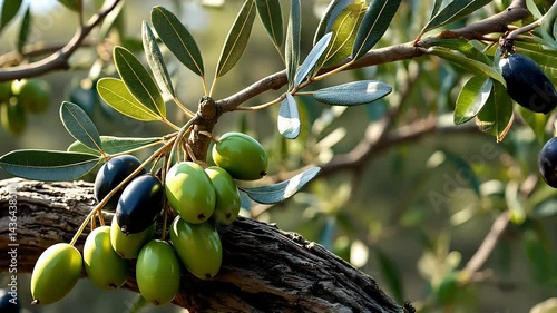 Close-up of olives on tree branches, showcasing their green color. The image emphasizes the natural beauty of olive farming and harvest.
Concept: olive, agriculture, farming, tree, harvest, food.