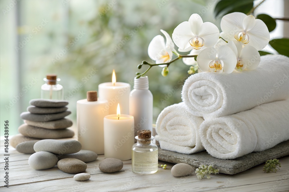 Luxurious Spa Setting with Candles White Towels Smooth Stones and Flowers Luxurious Spa Setting with Candles White Towels Smooth Stones and Flowers