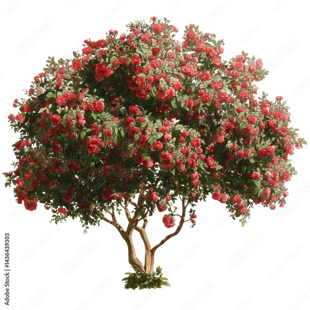 Fototapeta premium Lush Red Camellia Tree in Full Bloom A Stunning Floral Springtime Image