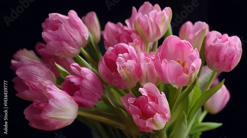Beautiful Bouquet of Vibrant Pink Tulips with Lush Green Leaves Against a Dark Background