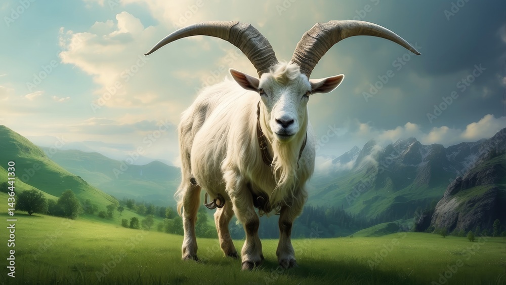 Obraz premium Close-Up Portrait of White Goat at Sunset in Pasture