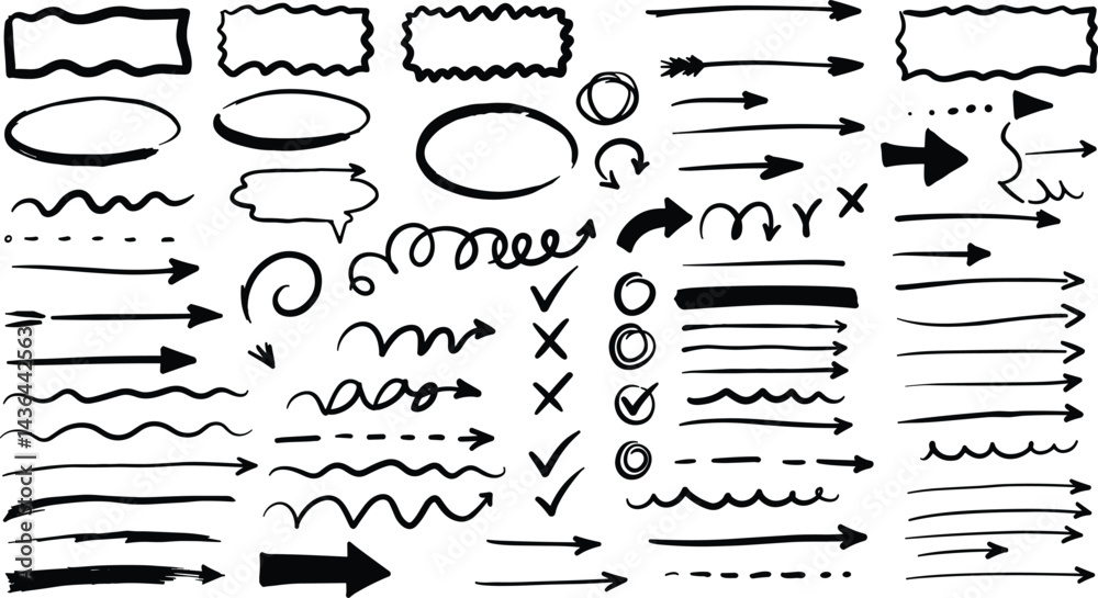 Hand drawn doodle frame, circle, arrow, check marks, and line vector set for creative designs, presentation, highlight, and decoration. Hand drawn doodle frame, circle, arrow, check marks, and line vector set for creative designs, presentation, highlight, and decoration.