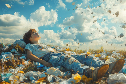 Man lays among scattered trash, an expression of despair on his face, highlighting issues of pollution and environmental degradation, emphasizing urgent need for action. photo