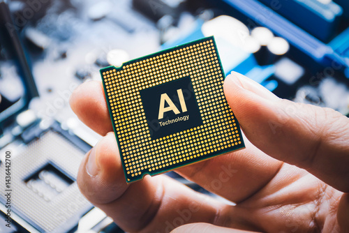 AI chip processor prototype, A hand holds a microchip labeled 