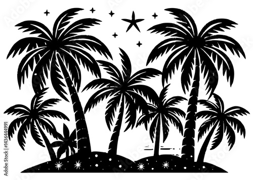 Tropical Island Night Scene with Silhouette Palm Trees