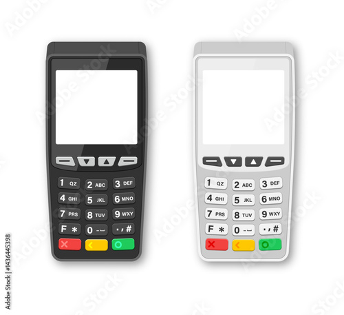 Bank terminal for payment purchase in store. Device for processing payments e-commerce. Vector illustration.
