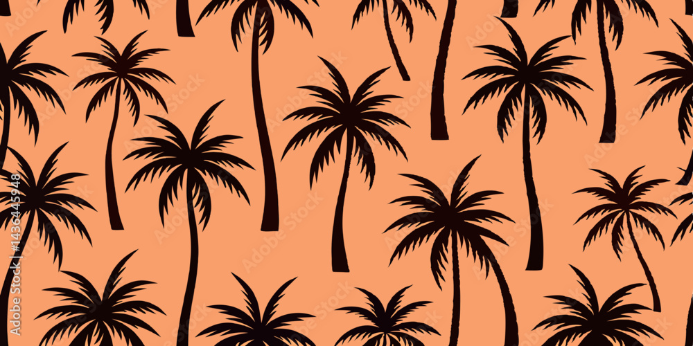 Seamless Pattern Tropical Palm Trees Silhouette on Peach Background Seamless Pattern Tropical Palm Trees Silhouette on Peach Background