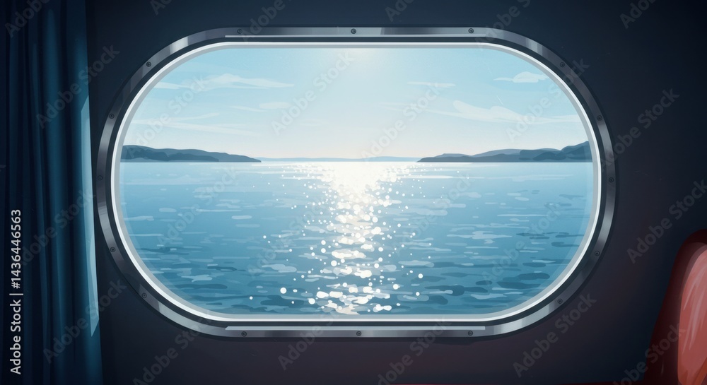 Naklejka premium Ferry Cabin Window with Sparkling Sea at Dawn