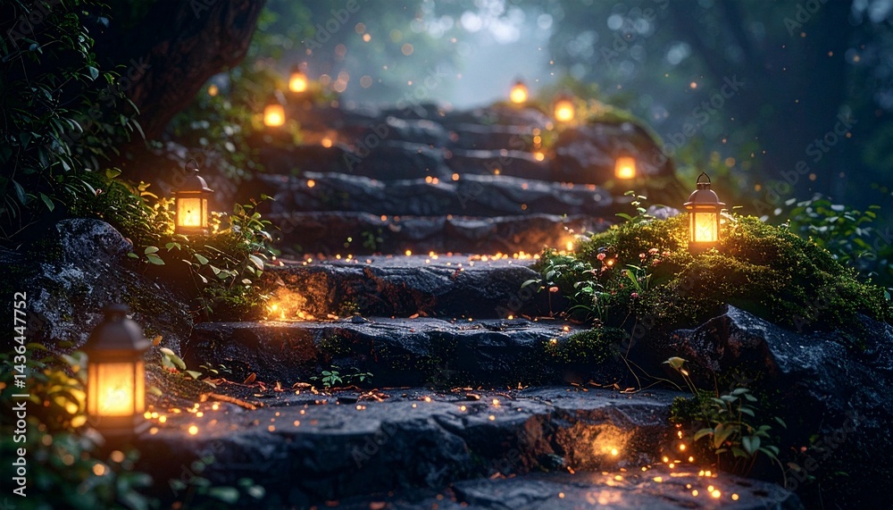 Escalones de piedra encantados con linternas brillantes y partículas luminiscentes, fotografía hiperrealista, Escalones de piedra encantados con linternas brillantes y partículas luminiscentes, fotografía hiperrealista,