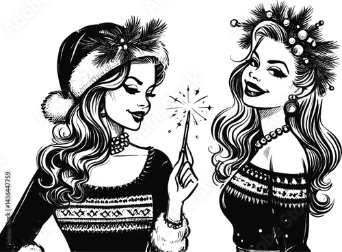 Woman features elaborate Christmas-themed hairstyles girl claus ink style linework drawing pen sketch hand drawn vector illustration background