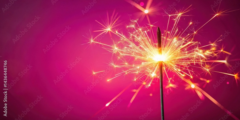 Naklejka premium A glowing sparkler bursts with vibrant light against a rich magenta backdrop, creating a festive and celebratory mood.