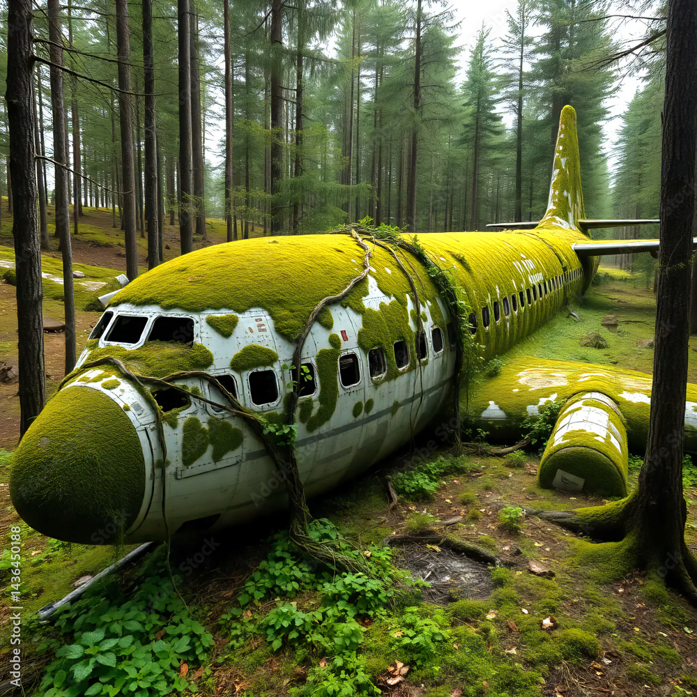 Fototapeta premium Abandoned cargo plane in a forest clearing