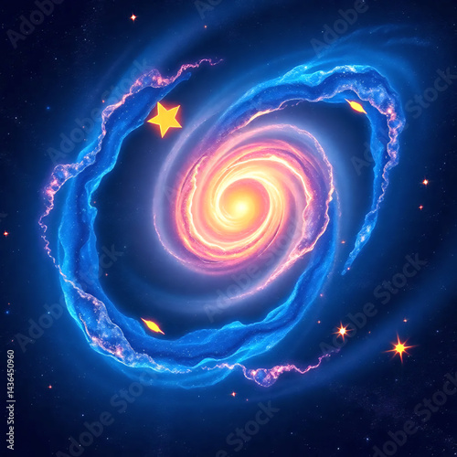 Planetary system with glowing,colorful rings,a bright turquoise planet at the center