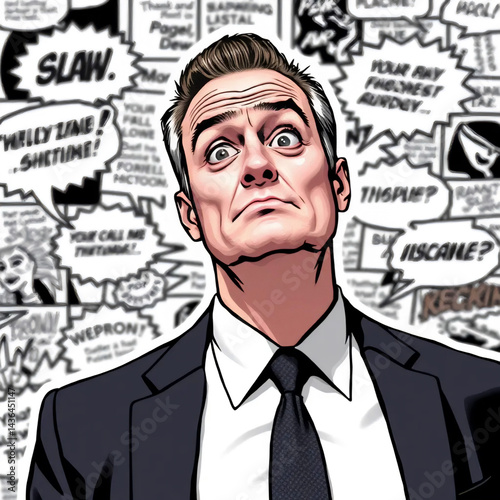 A single man in a suit,with a quirky,exaggerated facial expression