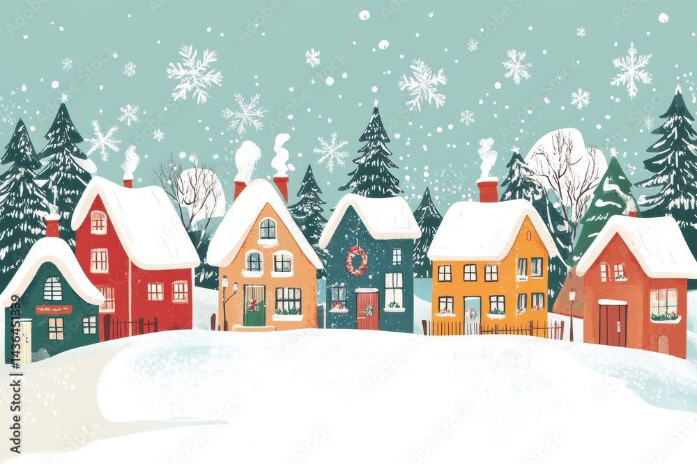 Fototapeta premium Winter wonderland illustration of a cozy Christmas village, featuring adorable European houses and festive cheer