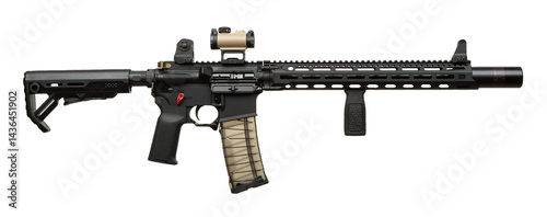 Modern tactical rifle with scope, vertical grip, and suppressor, isolated on transparent background.