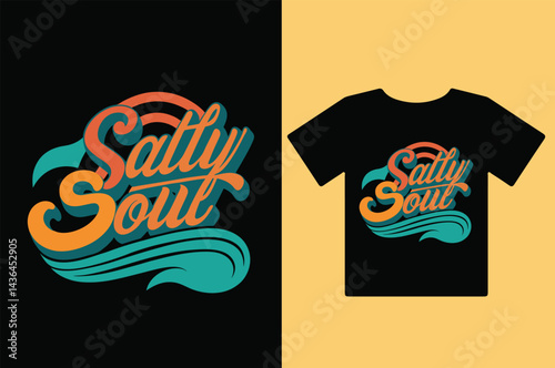 Salty Soul Retro Typography T-Shirt Design Vintage Beach Vibes Hand Lettering with Colorful Waves for Summer Apparel