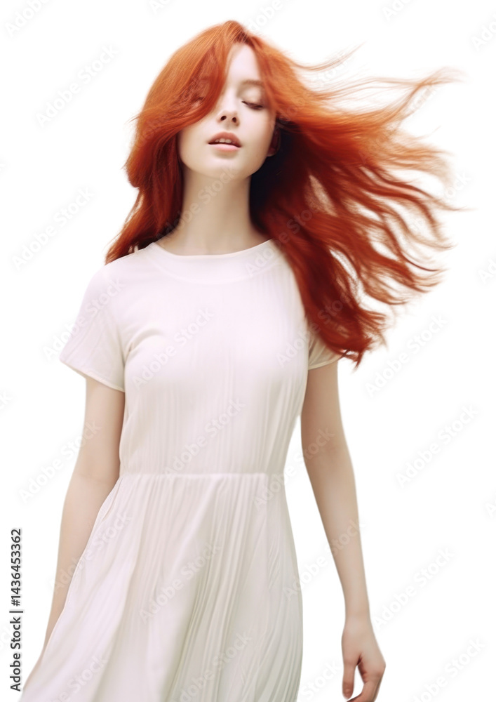 PNG A happy red hair woman wear cream dress fashion adult hairstyle. PNG A happy red hair woman wear cream dress fashion adult hairstyle.