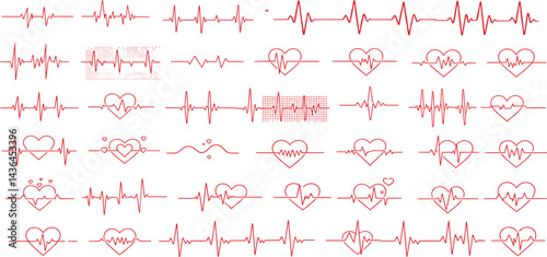 Red heartbeat line collection with heart symbol, cardiology, medical pulse,