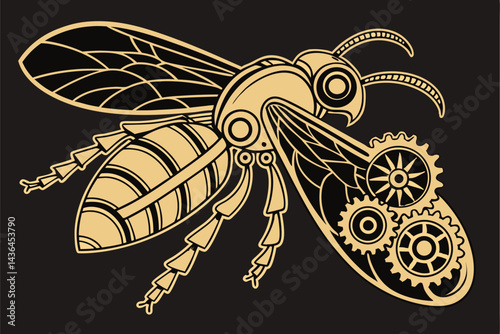 31 Steampunk mechanical bee, intricate brass gears, transparent wings, clockwork insect, ornate Victorian engineering, delicate metalwork, wheel-mounted, propeller tail, large glass eyes, golden machi