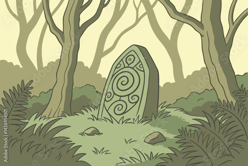 32 Mystical forest spiral, moss-covered stone sculpture, lush green ferns, enchanted woodland, dappled sunlight, ancient Celtic symbol, verdant undergrowth, magical forest floor, ethereal atmosphere, 
