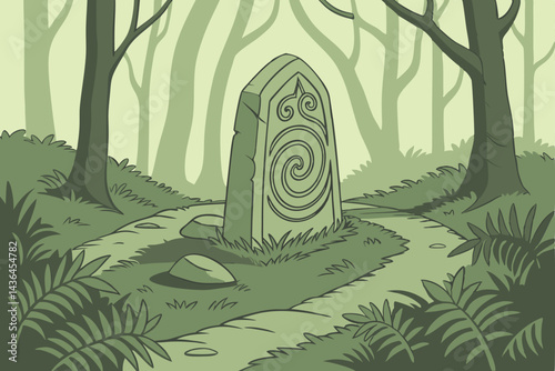 32 Mystical forest spiral, moss-covered stone sculpture, lush green ferns, enchanted woodland, dappled sunlight, ancient Celtic symbol, verdant undergrowth, magical forest floor, ethereal atmosphere, 