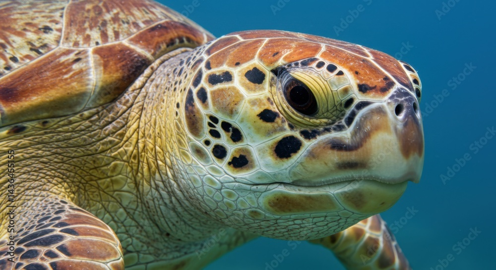 Fototapeta premium Close-Up Portrait of a Sea Turtle with Mottled Skin and Deep Brown Eyes