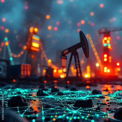 Neural networks and oil industry in the form of a bright abstract dark background with neon lights.