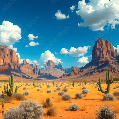 Desert with cacti and dry bushes, against the background of rocky columnar mountains, under a blue sky