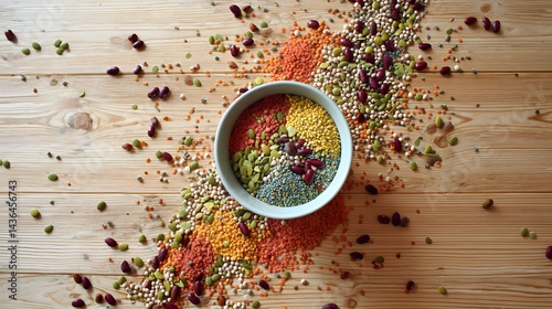 Vibrant Bowl of Nature's Protein Power with Colorful Ingredients and Textures on Wooden Surface