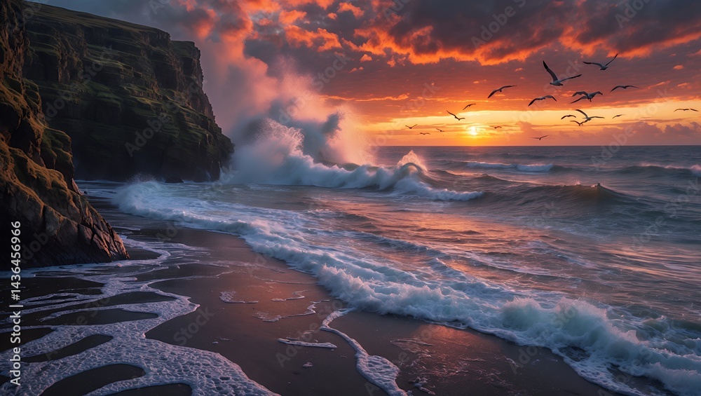 Naklejka premium Ocean Wave Crashing on Beach at Sunset with Cliff and Birds