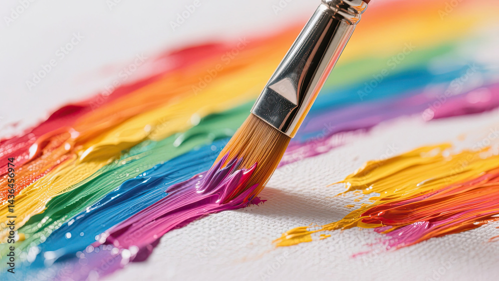 Obraz premium Close-up of a paintbrush mixing vibrant yellow paint on canvas. Close-up of a paintbrush mixing vibrant rainbow paint on canvas.
