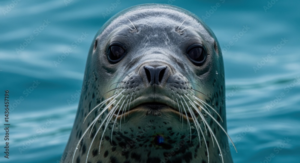 Fototapeta premium Leopard Seal Close-Up with Reflective Fur and Dark Eyes