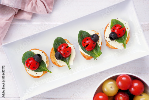 Obraz na płótnie Fun summer theme ladybug crostini appetizers. Top view table scene against a dark background. Above view. w salonie