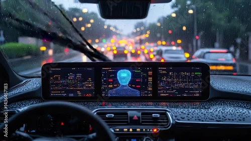 Rainy day driving inside car dashboard display