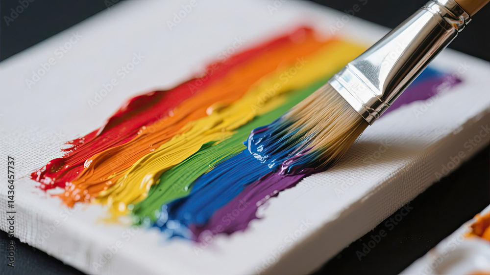 Fototapeta premium Close-up of a paintbrush mixing vibrant yellow paint on canvas. Close-up of a paintbrush mixing vibrant rainbow paint on canvas.