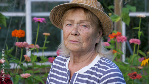 Portrait of elderly caucasian woman with deep wrinkles on her face and wearing hat. Sits motionless against flower bed growing in yard. Retired hobby gardening. Sad look of loneliness in older age