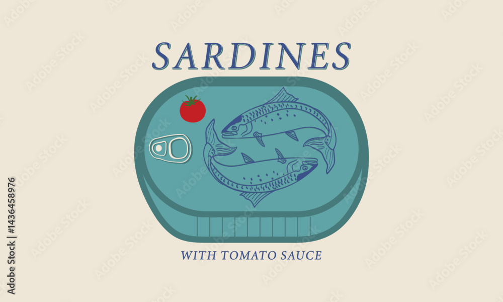 Fototapeta premium Sardines With Tomato sauce dinner Tin box seafood fish vector fish tee shirt artwork or poster, sticker, and other uses