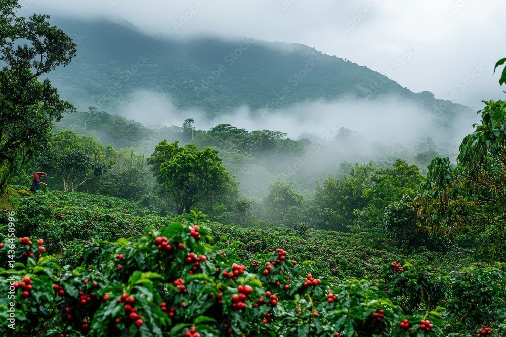 custom made wallpaper toronto digitalWorker harvesting ripe coffee cherries in misty mountain farm